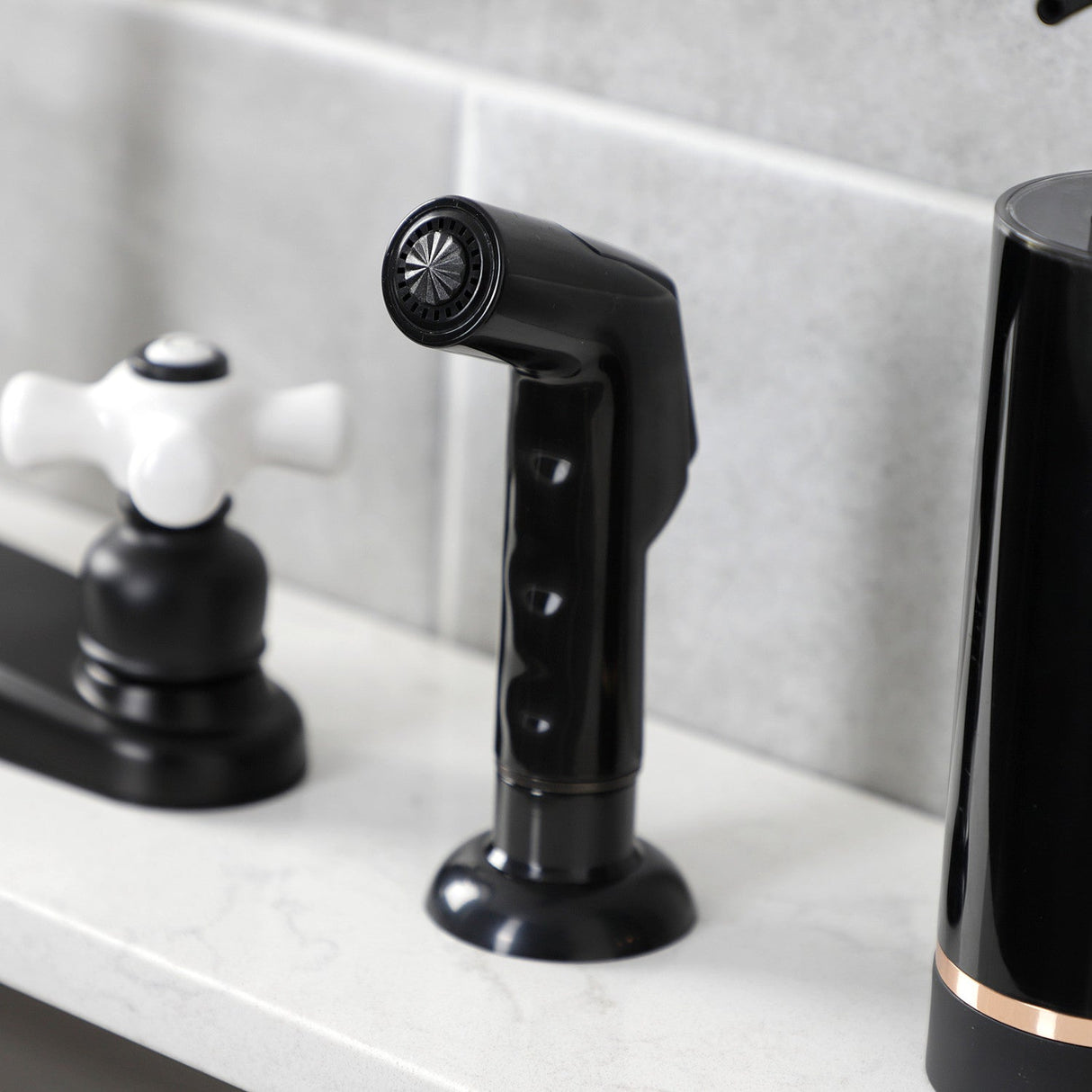 Victorian FB7790PXSP Two-Handle 4-Hole Deck Mount 8" Centerset Kitchen Faucet with Side Sprayer, Matte Black