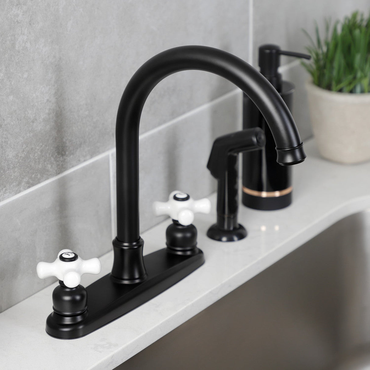 Victorian FB7790PXSP Two-Handle 4-Hole Deck Mount 8" Centerset Kitchen Faucet with Side Sprayer, Matte Black