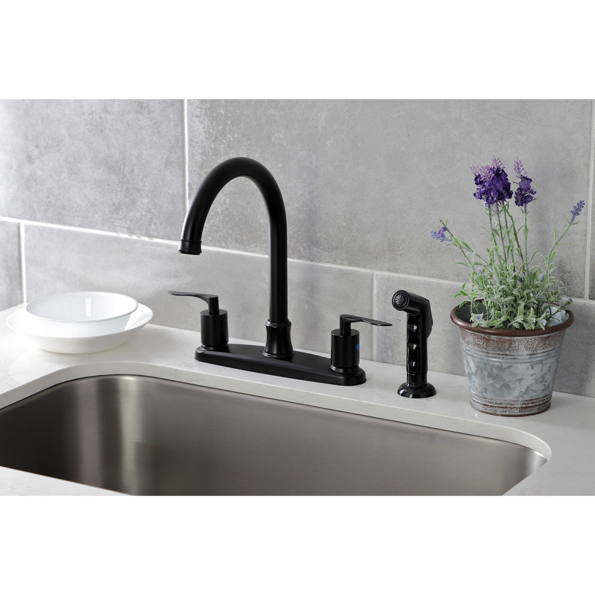 Serena FB7790SVLSP Two-Handle 4-Hole Deck Mount 8" Centerset Kitchen Faucet with Side Sprayer, Matte Black