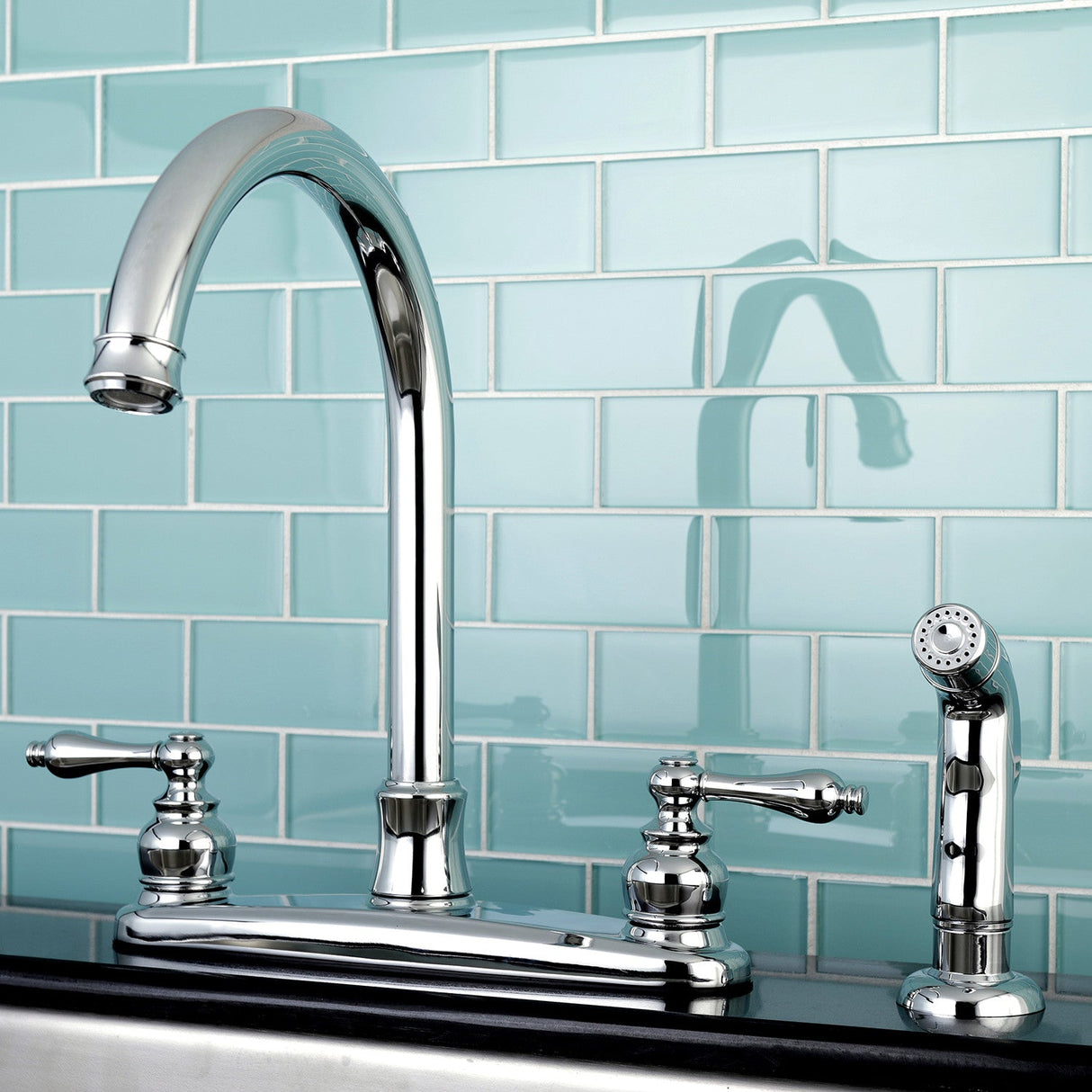 Victorian FB7791ALSP Two-Handle 4-Hole Deck Mount 8" Centerset Kitchen Faucet with Side Sprayer, Polished Chrome