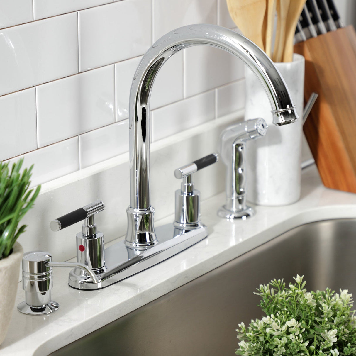 Kaiser FB7791CKLSP Two-Handle 4-Hole Deck Mount 8" Centerset Kitchen Faucet with Side Sprayer, Polished Chrome