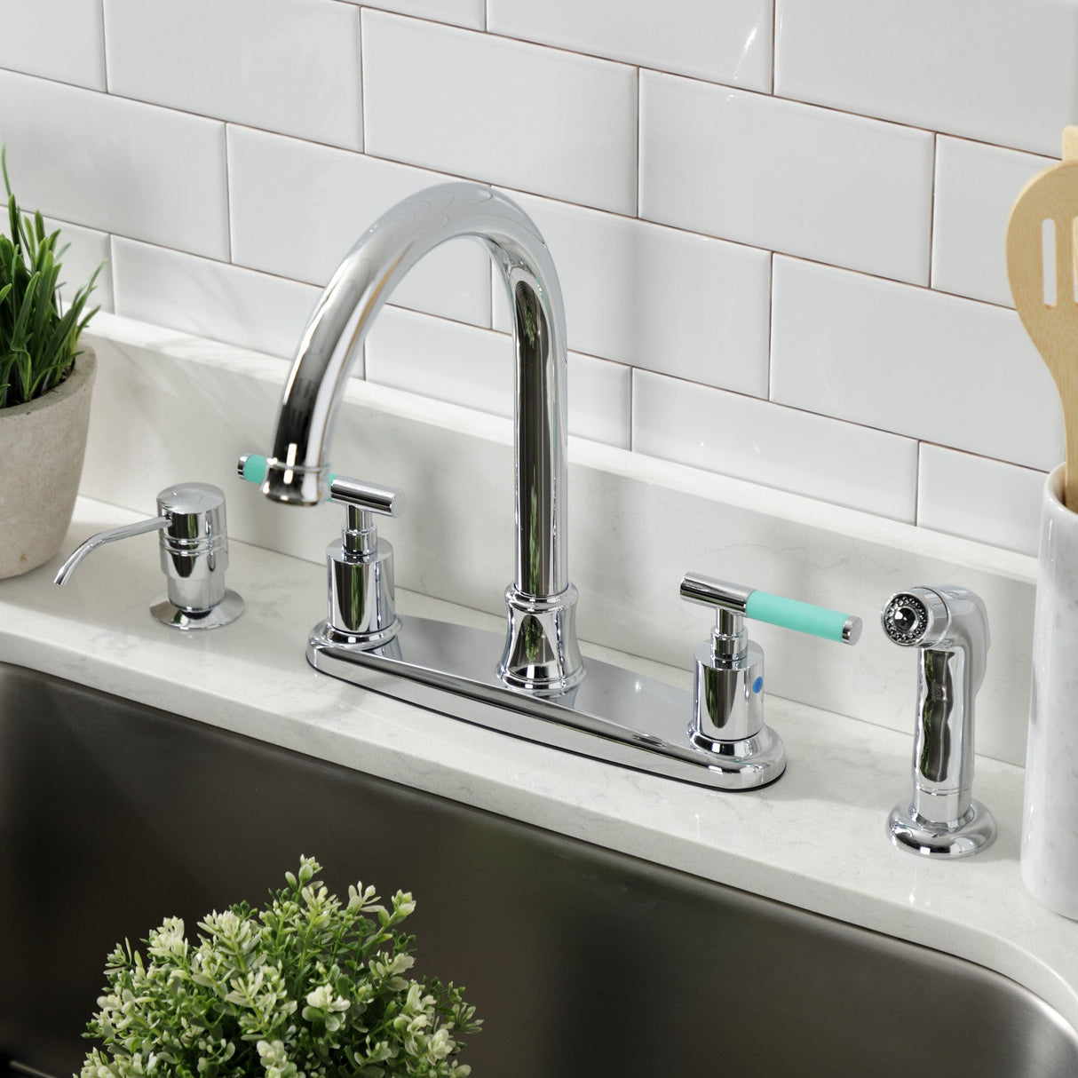 Kaiser FB7791CKLSP Two-Handle 4-Hole Deck Mount 8" Centerset Kitchen Faucet with Side Sprayer, Polished Chrome