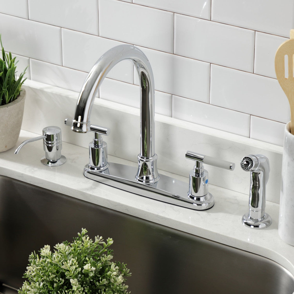 Kaiser FB7791CKLSP Two-Handle 4-Hole Deck Mount 8" Centerset Kitchen Faucet with Side Sprayer, Polished Chrome