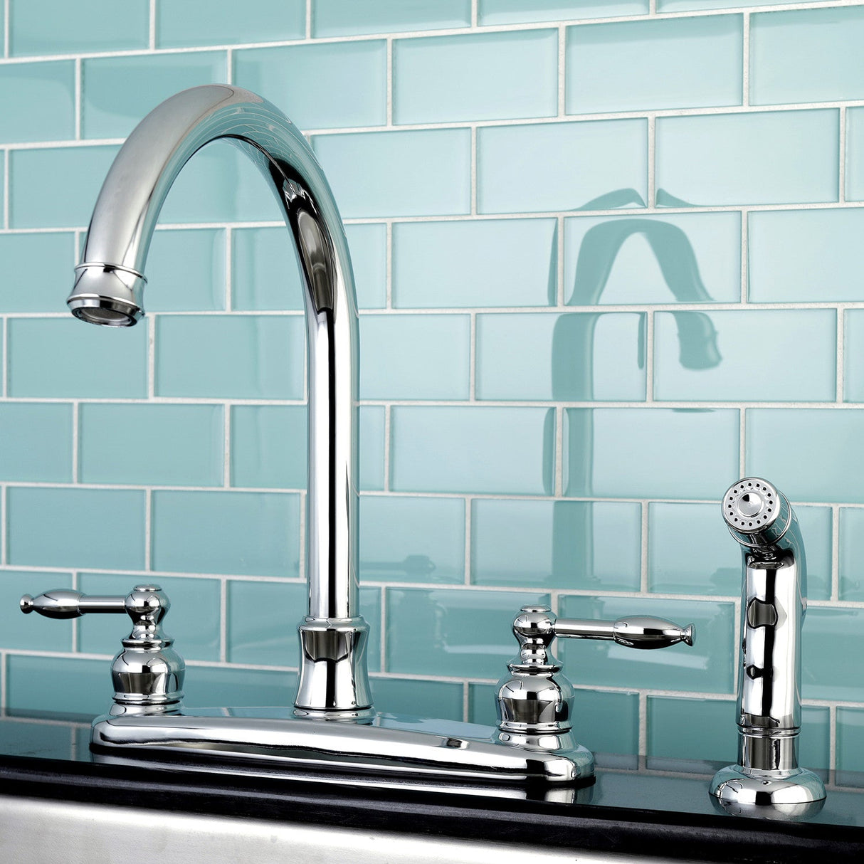 Knight FB7791KLSP Two-Handle 4-Hole Deck Mount 8" Centerset Kitchen Faucet with Side Sprayer, Polished Chrome