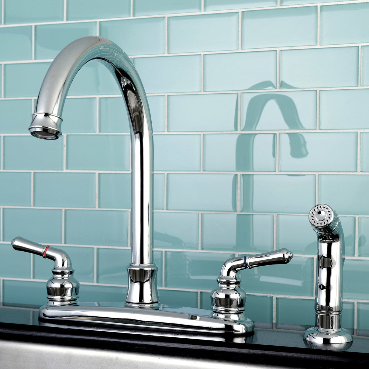 Naples FB7791NMLSP Two-Handle 4-Hole Deck Mount 8" Centerset Kitchen Faucet with Side Sprayer, Polished Chrome