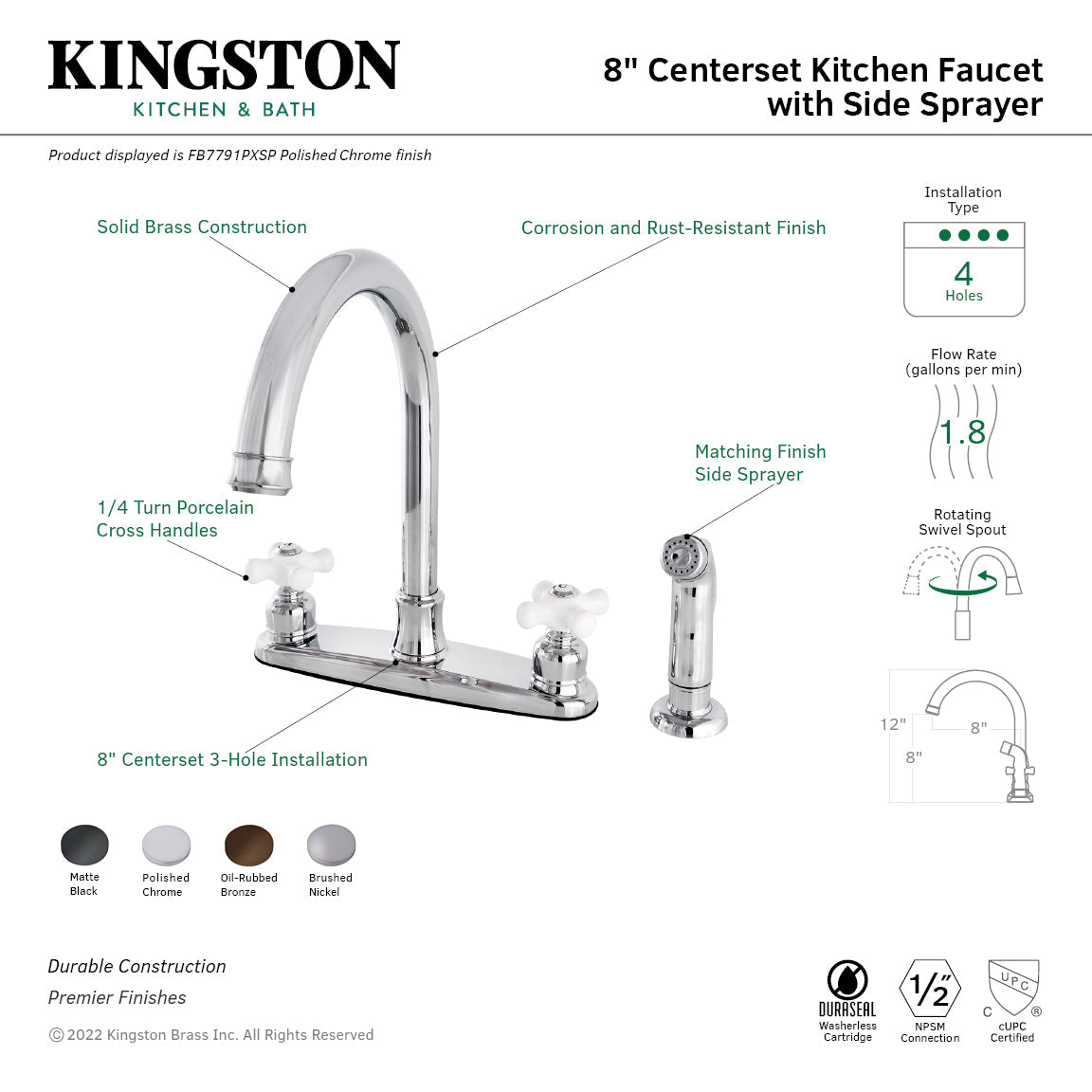 Victorian FB7791PXSP Two-Handle 4-Hole Deck Mount 8" Centerset Kitchen Faucet with Side Sprayer, Polished Chrome