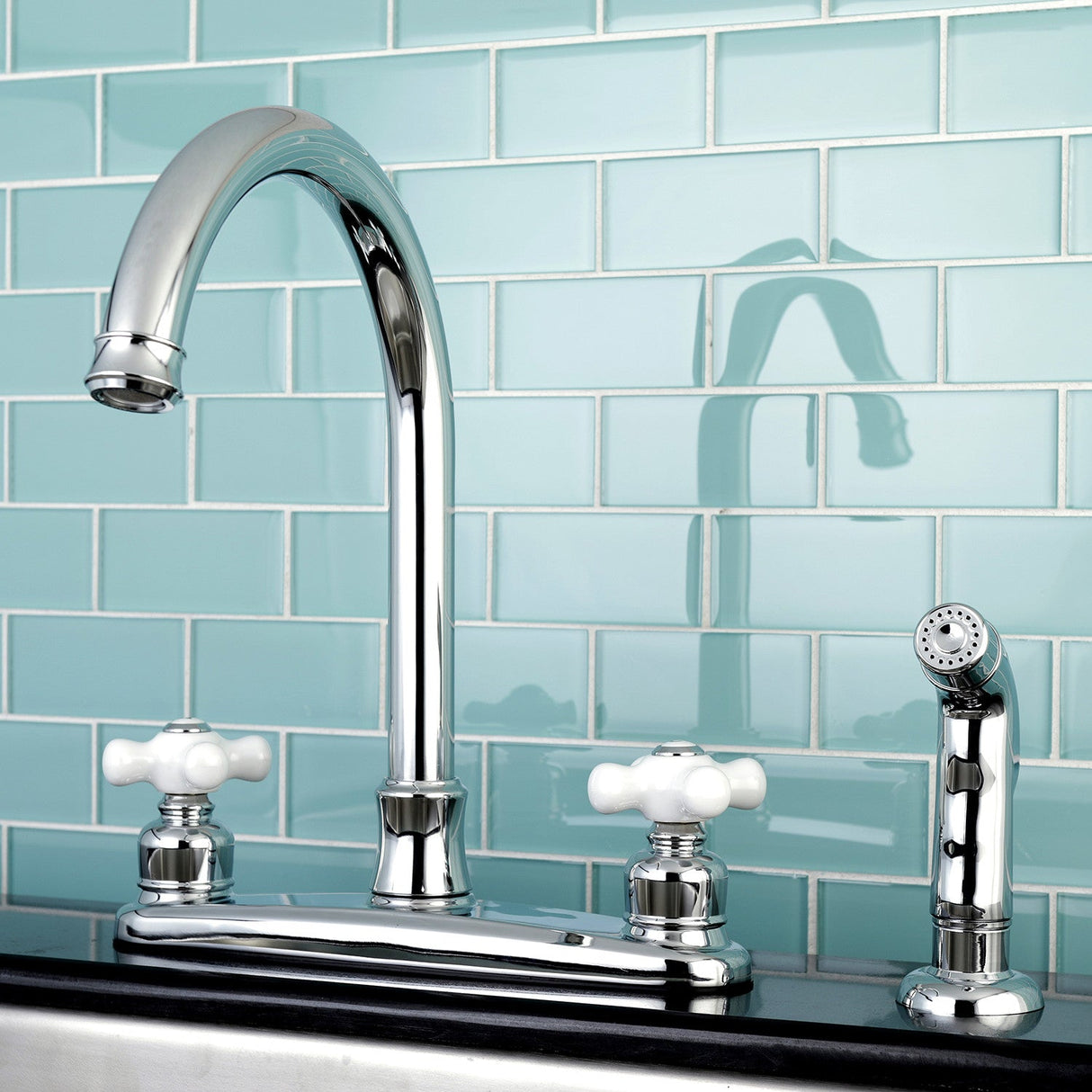 Victorian FB7791PXSP Two-Handle 4-Hole Deck Mount 8" Centerset Kitchen Faucet with Side Sprayer, Polished Chrome