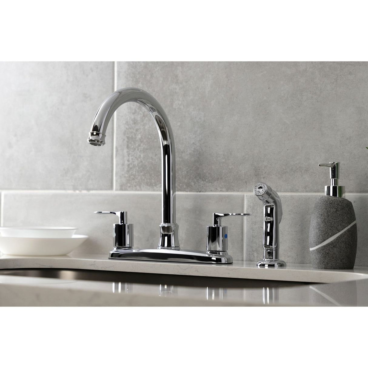 Serena FB7791SVLSP Two-Handle 4-Hole Deck Mount 8" Centerset Kitchen Faucet with Side Sprayer, Polished Chrome