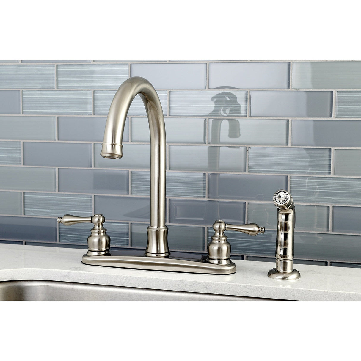 Victorian FB7798ALSP Two-Handle 4-Hole Deck Mount 8" Centerset Kitchen Faucet with Side Sprayer, Brushed Nickel
