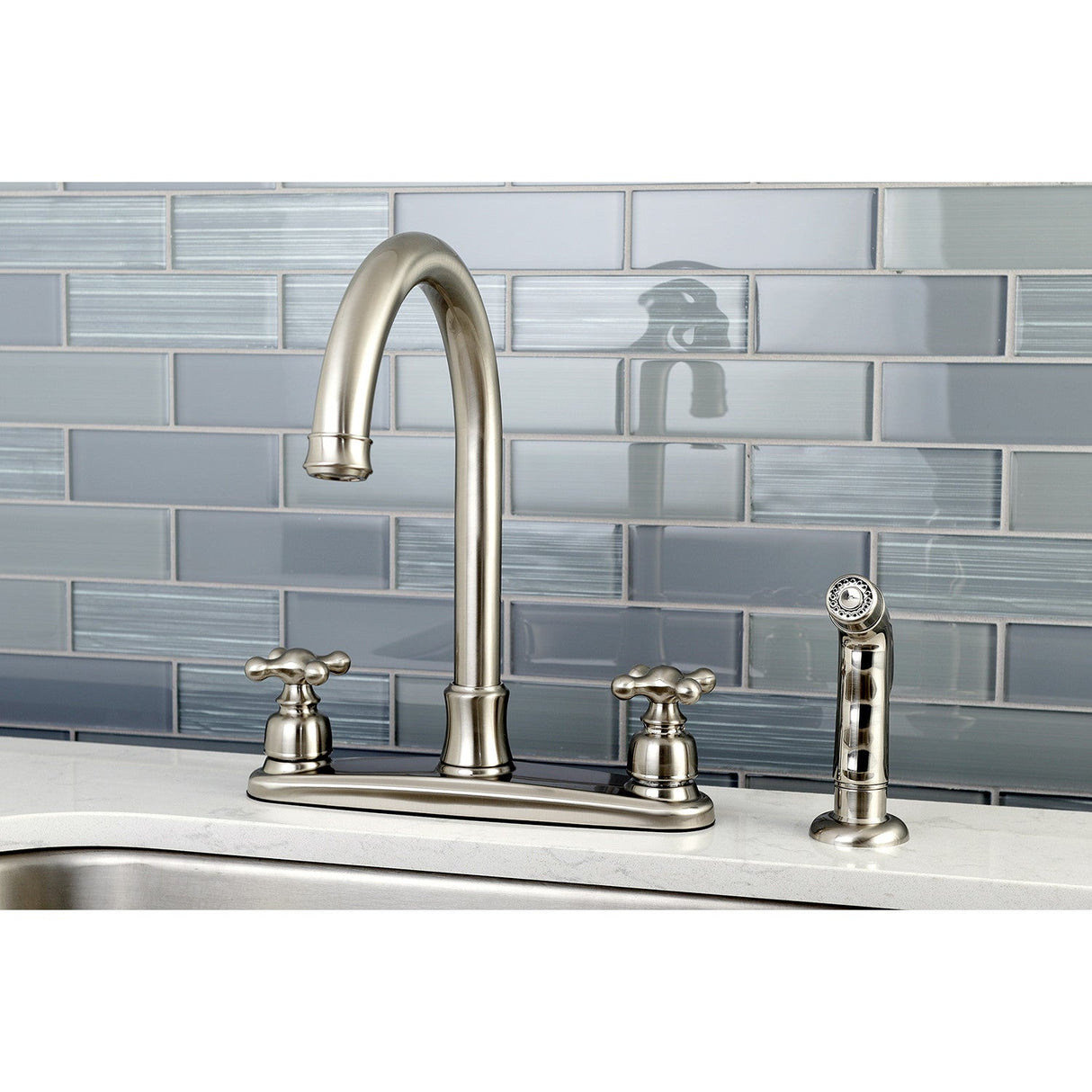 Victorian FB7798AXSP Two-Handle 4-Hole Deck Mount 8" Centerset Kitchen Faucet with Side Sprayer, Brushed Nickel