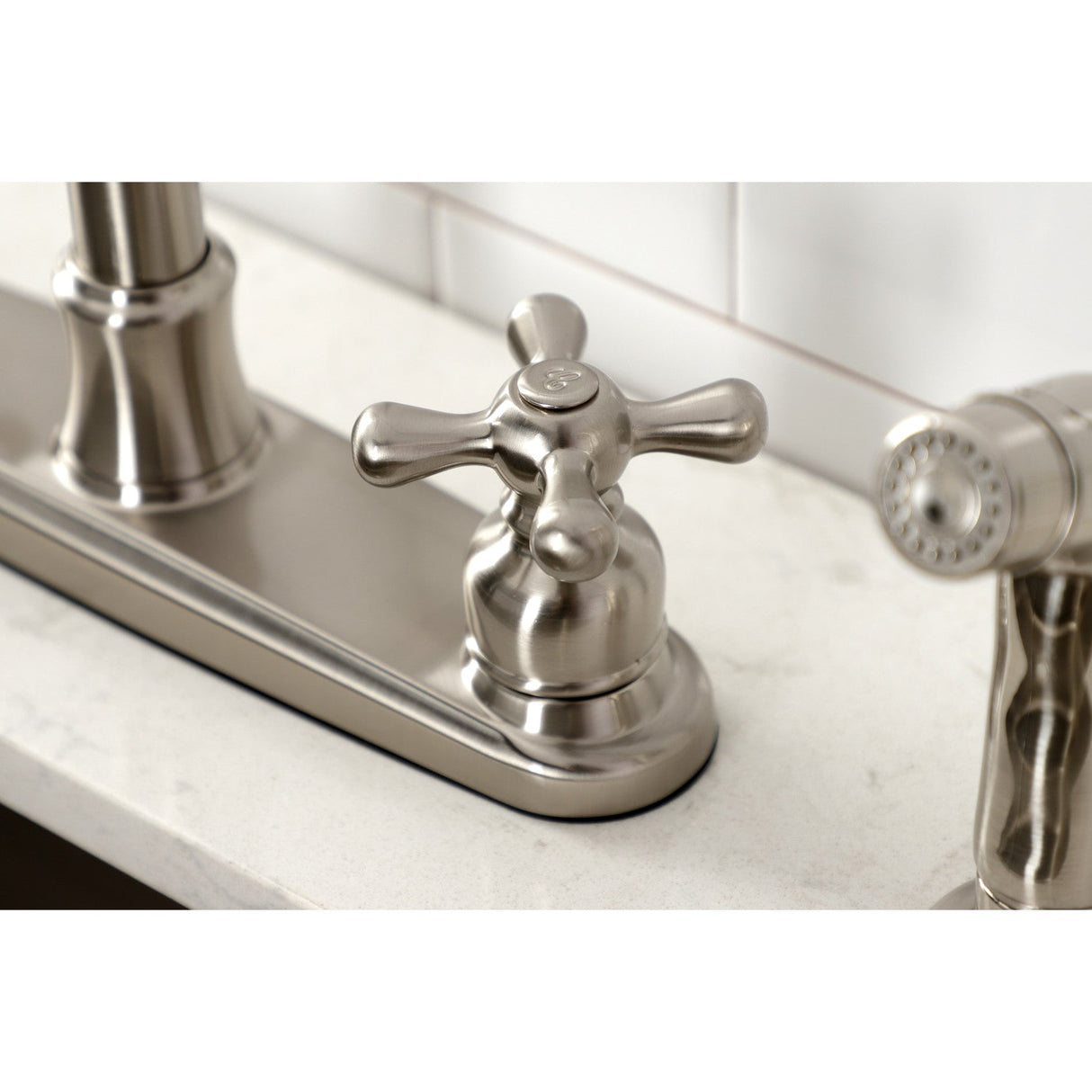 Victorian FB7798AXSP Two-Handle 4-Hole Deck Mount 8" Centerset Kitchen Faucet with Side Sprayer, Brushed Nickel