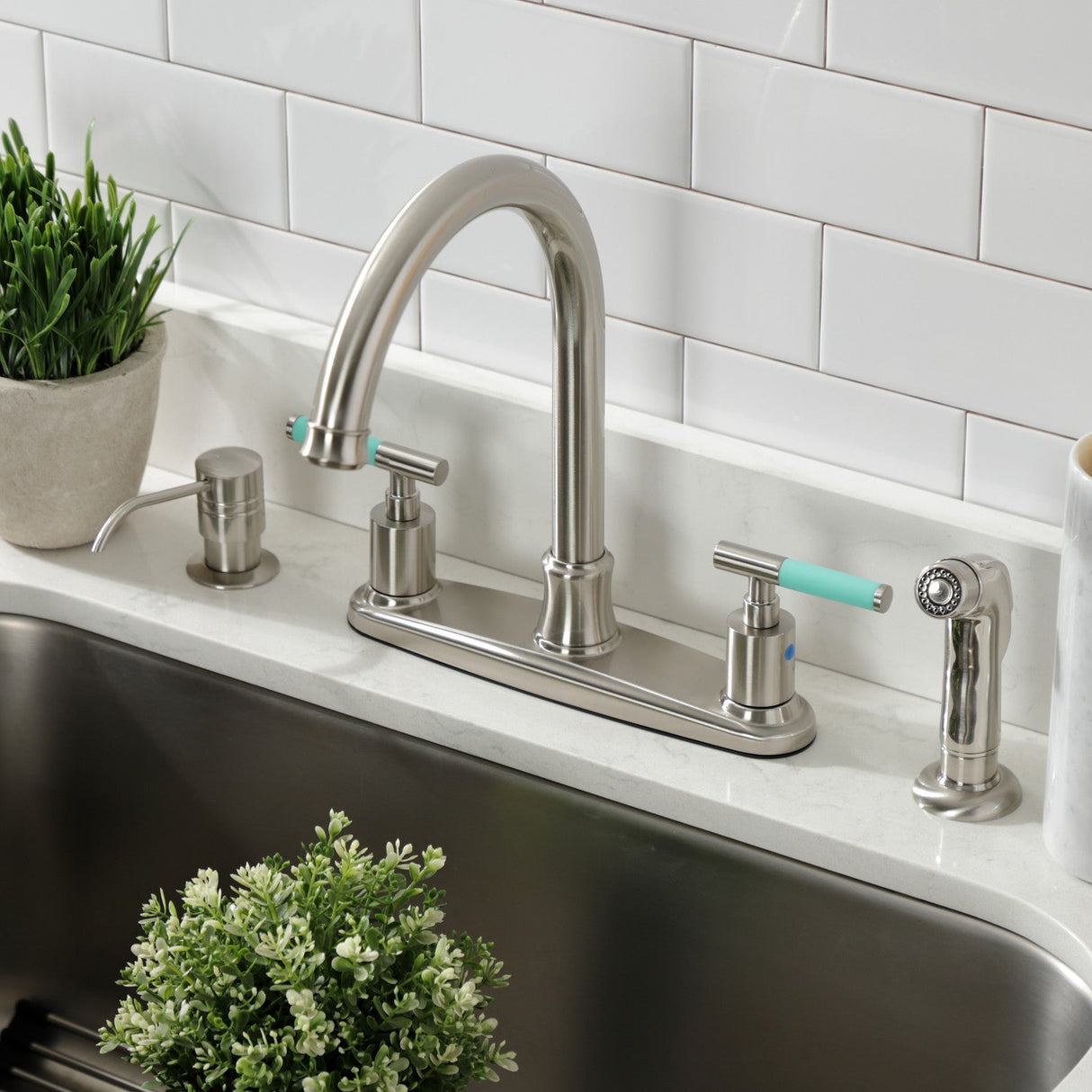 Kaiser FB7798CKLSP Two-Handle 4-Hole Deck Mount 8" Centerset Kitchen Faucet with Side Sprayer, Brushed Nickel