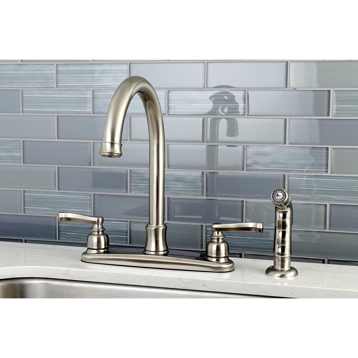 Royale FB7798FLSP Two-Handle 4-Hole Deck Mount 8" Centerset Kitchen Faucet with Side Sprayer, Brushed Nickel