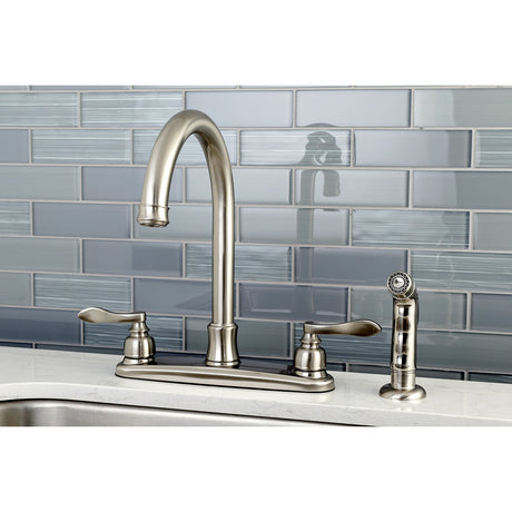 NuWave French FB7798NFLSP Two-Handle 4-Hole Deck Mount 8" Centerset Kitchen Faucet with Side Sprayer, Brushed Nickel