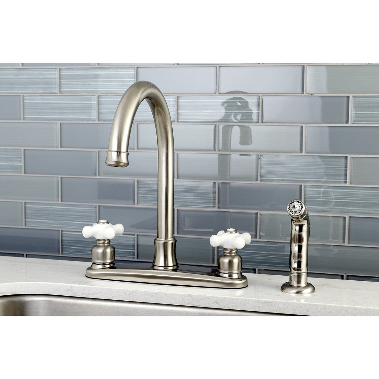 Victorian FB7798PXSP Two-Handle 4-Hole Deck Mount 8" Centerset Kitchen Faucet with Side Sprayer, Brushed Nickel