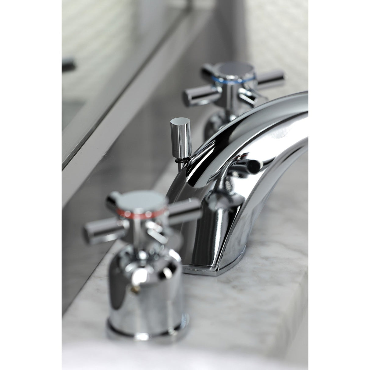 Concord FB8951DX Two-Handle 3-Hole Deck Mount Widespread Bathroom Faucet with Plastic Pop-Up, Polished Chrome