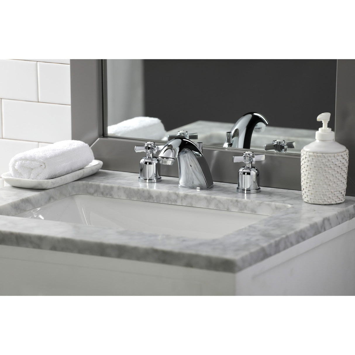 Millennium FB8951ZX Two-Handle 3-Hole Deck Mount Widespread Bathroom Faucet with Plastic Pop-Up, Polished Chrome