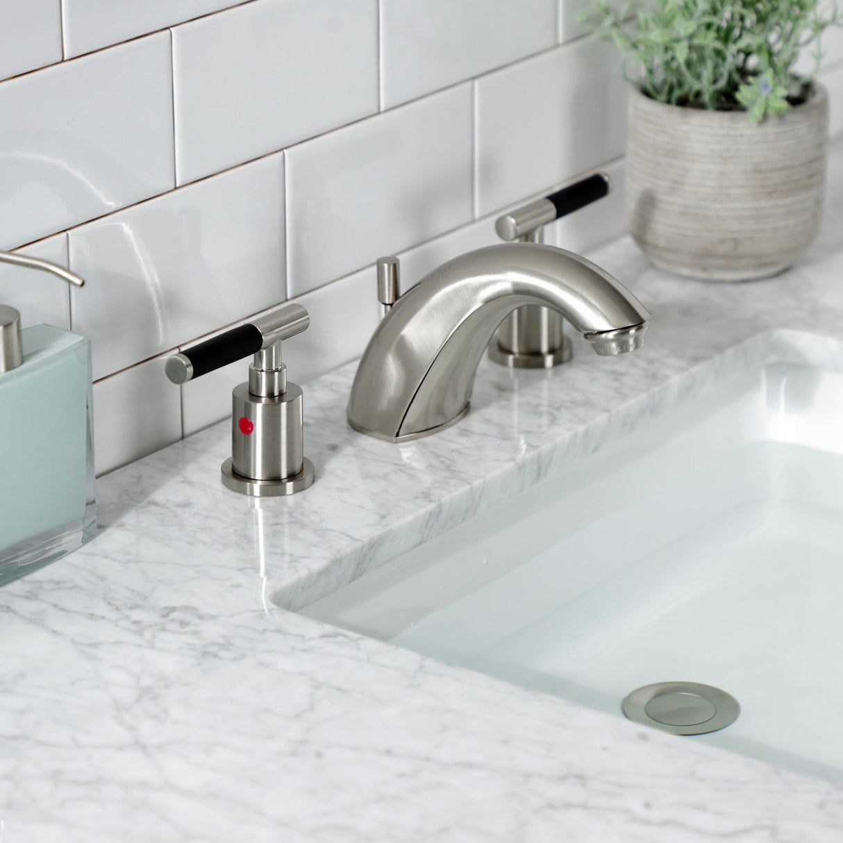 Kaiser FB8958CKL Two-Handle 3-Hole Deck Mount Widespread Bathroom Faucet with Plastic Pop-Up, Brushed Nickel