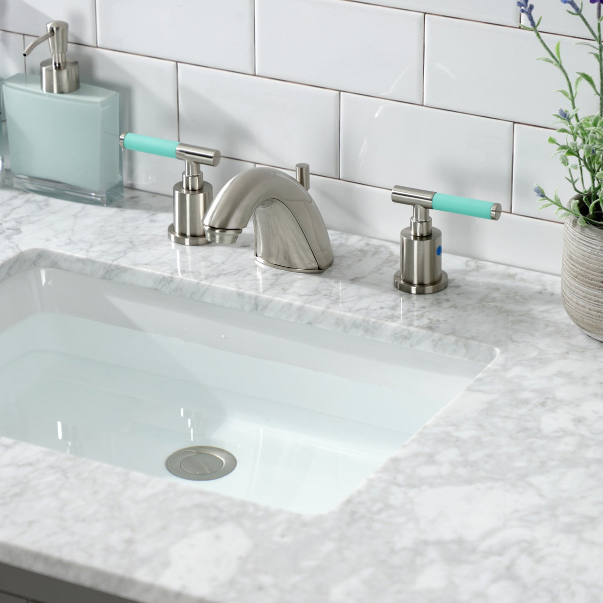 Kaiser FB8958CKL Two-Handle 3-Hole Deck Mount Widespread Bathroom Faucet with Plastic Pop-Up, Brushed Nickel