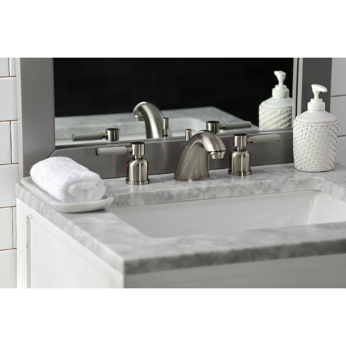 Kaiser FB8958DKL Two-Handle 3-Hole Deck Mount Widespread Bathroom Faucet with Plastic Pop-Up, Brushed Nickel