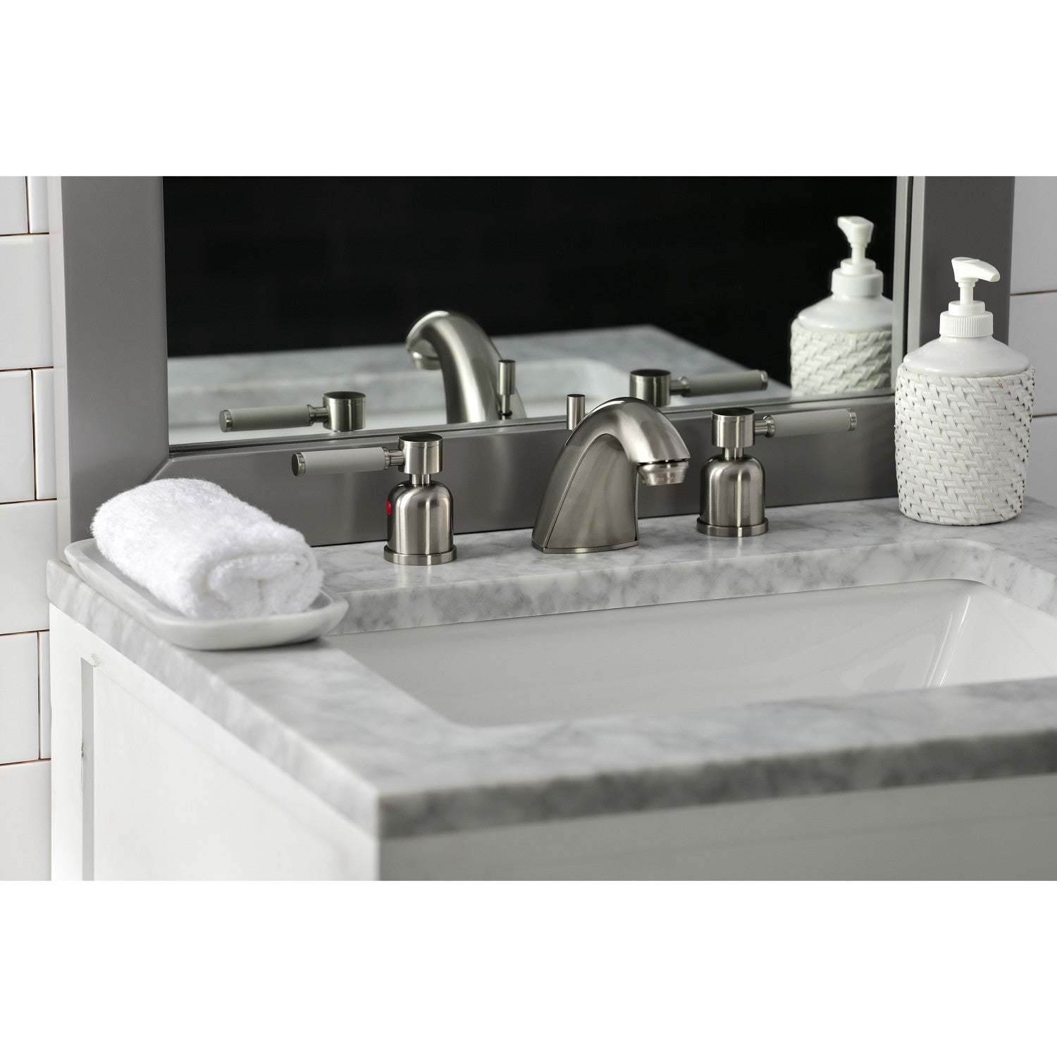 Kaiser FB8958DKL Two-Handle 3-Hole Deck Mount Widespread Bathroom Faucet with Plastic Pop-Up, Brushed Nickel