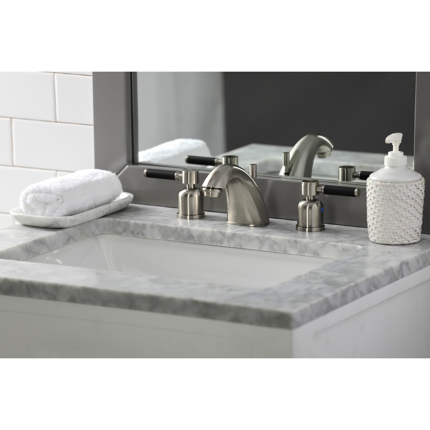 Kaiser FB8958DKL Two-Handle 3-Hole Deck Mount Widespread Bathroom Faucet with Plastic Pop-Up, Brushed Nickel