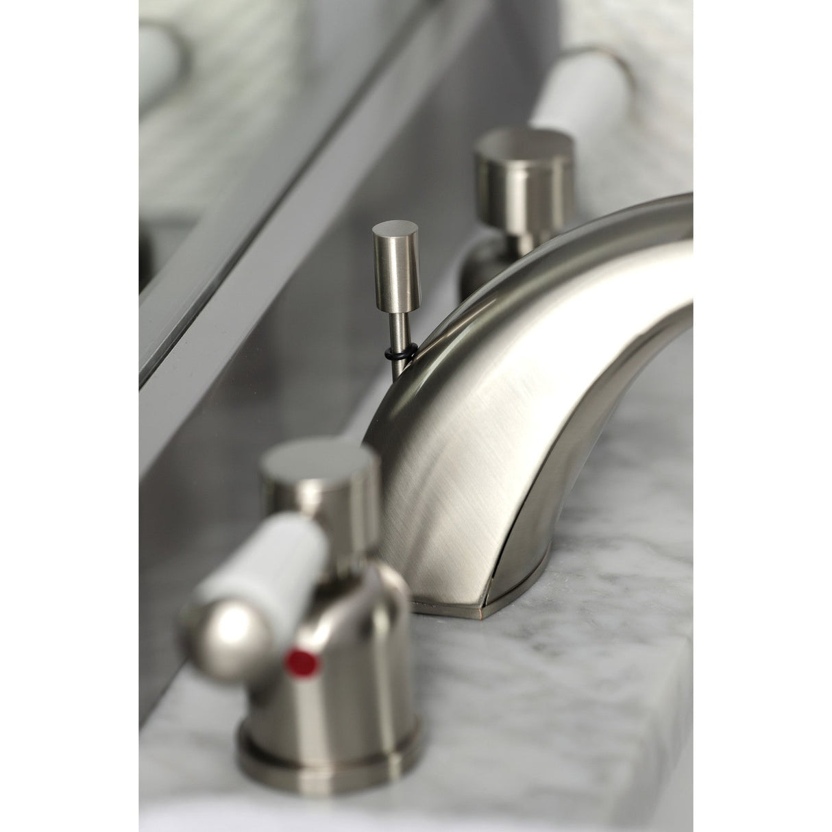 Paris FB8958DPL Two-Handle 3-Hole Deck Mount Widespread Bathroom Faucet with Plastic Pop-Up, Brushed Nickel