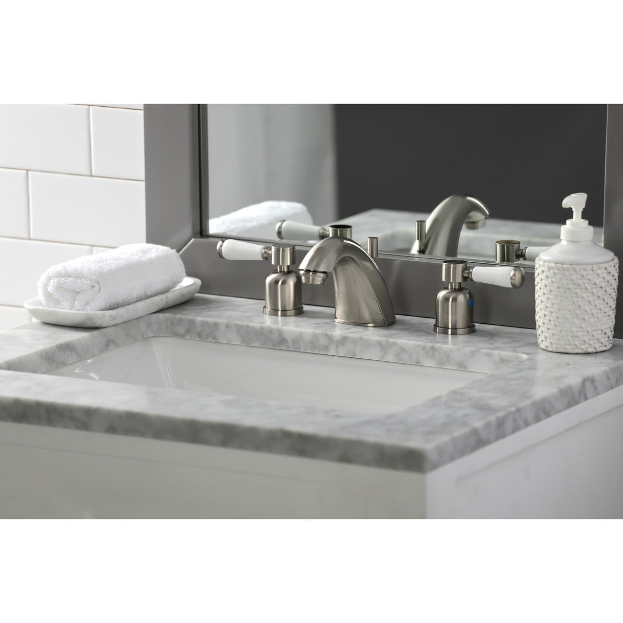 Paris FB8958DPL Two-Handle 3-Hole Deck Mount Widespread Bathroom Faucet with Plastic Pop-Up, Brushed Nickel