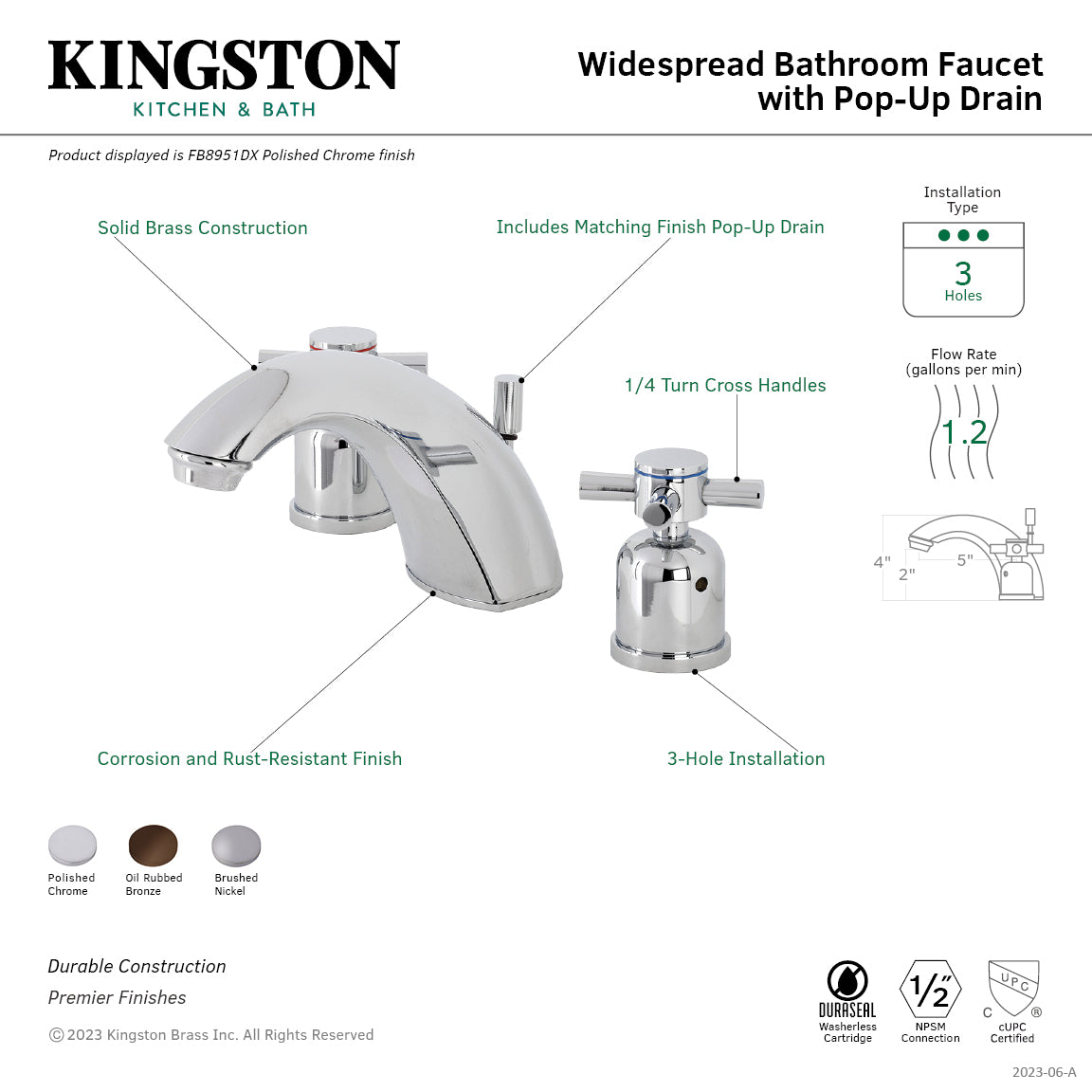 Concord FB8958DX Two-Handle 3-Hole Deck Mount Widespread Bathroom Faucet with Plastic Pop-Up, Brushed Nickel