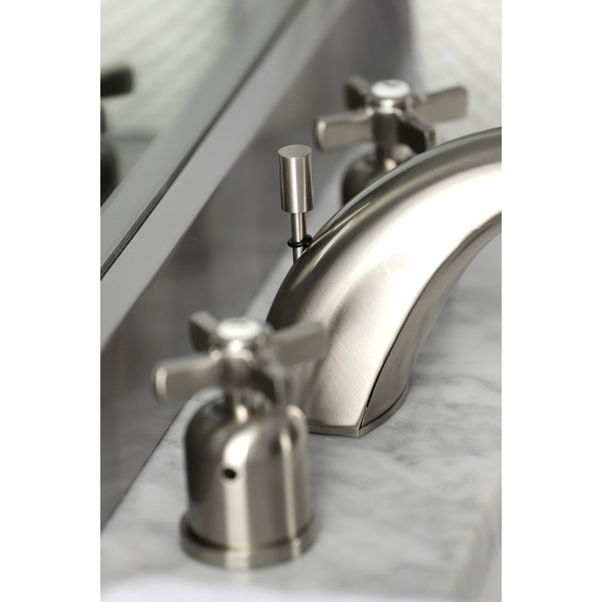 Millennium FB8958ZX Two-Handle 3-Hole Deck Mount Widespread Bathroom Faucet with Plastic Pop-Up, Brushed Nickel