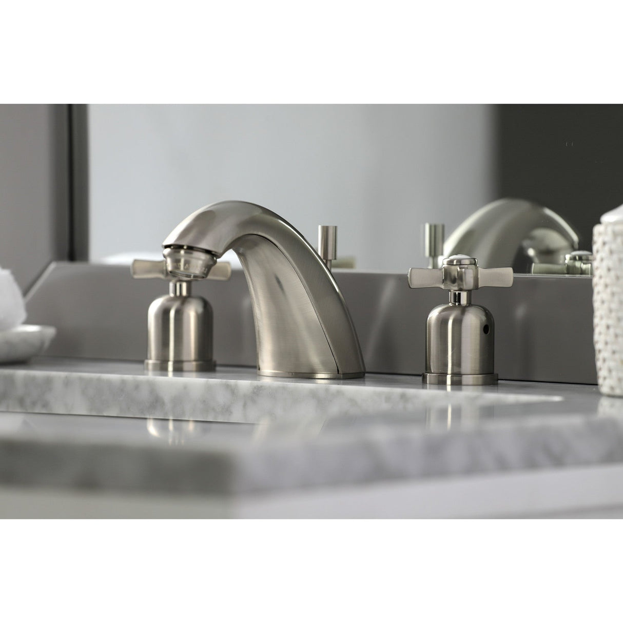 Millennium FB8958ZX Two-Handle 3-Hole Deck Mount Widespread Bathroom Faucet with Plastic Pop-Up, Brushed Nickel
