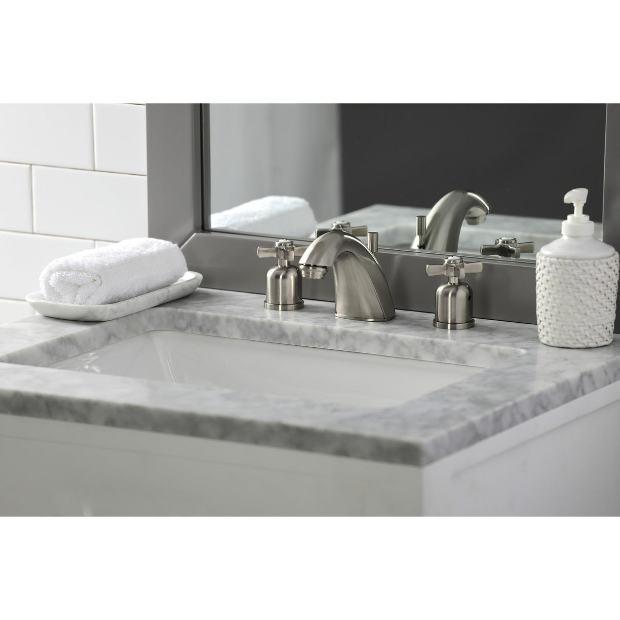 Millennium FB8958ZX Two-Handle 3-Hole Deck Mount Widespread Bathroom Faucet with Plastic Pop-Up, Brushed Nickel