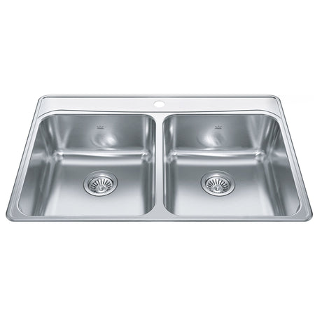 KINDRED FCDLA3322-8-1CBN Creemore 33-in LR x 22-in FB x 8-in DP Drop In Double Bowl 1-Hole Stainless Steel Kitchen Sink In Commercial Satin Finish