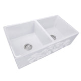 Nantucket Sinks Double Bowl Farmhouse Fireclay Sink with Filigree Apron