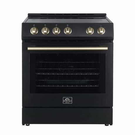 Forno Espresso 3-Piece Appliance Package - 30-Inch Electric Range with 5.0 Cu.Ft. Electric Oven, Refrigerator, and Under Cabinet Range Hood in Black with Brass Handle