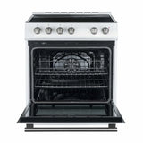 Forno Espresso 3-Piece Appliance Package - 30-Inch Electric Range with 5.0 Cu.Ft. Electric Oven, Built-In Refrigerator, and Under Cabinet Range Hood in White with Brass Handle