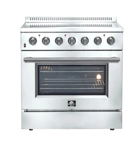 Forno 5-Piece Appliance Package - 36-Inch Electric Range, Wall Mount Range Hood, Pro-Style Refrigerator, Dishwasher, and Microwave Drawer in Stainless Steel