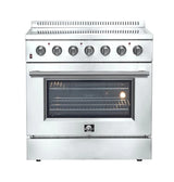 Forno 4-Piece Appliance Package - 36-Inch Electric Range, Wall Mount Range Hood with Backsplash, Pro-Style Refrigerator, and Dishwasher in Stainless Steel