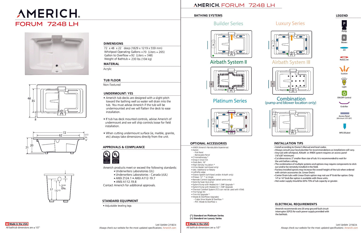 Americh FO7248TLA2-WH Forum 7248 Left Hand - Tub Only / Airbath 2 - White