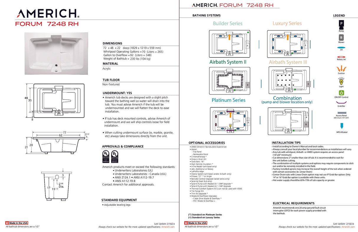 Americh FO7248TRA2-WH Forum 7248 Right Hand - Tub Only / Airbath 2 - White