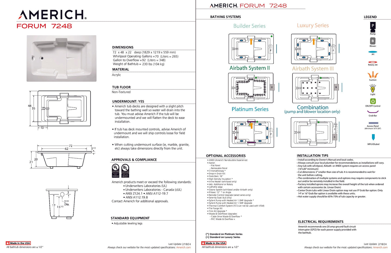 Americh FO7248TEA2-WH Forum 7248 End Drain - Tub Only / Airbath 2 - White