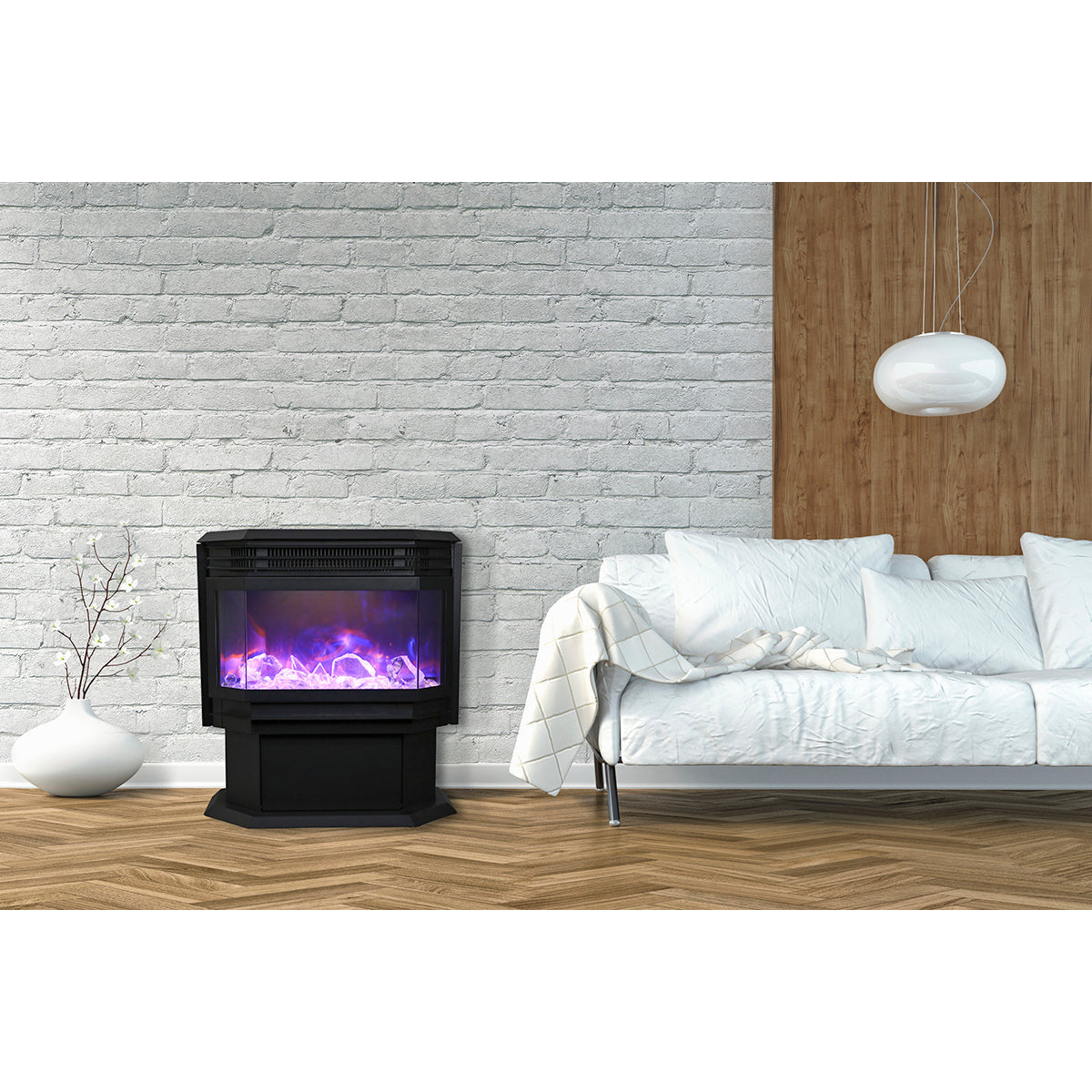 Amantii FS-26-922 26" WiFi Enabled Smart Electric Freestanding Fireplace, Featuring a Multi Function Remote, Multi Flame Speeds and a 10 Piece Birch Log Set