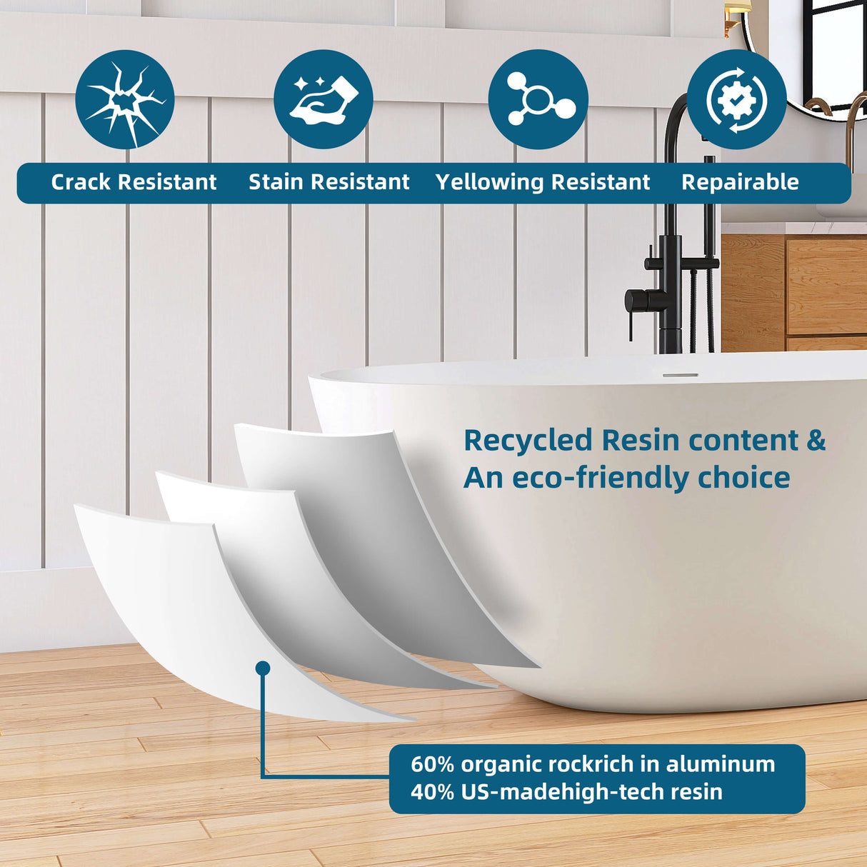 New England Home Goods 65" White Oval Luxury Freestanding Solid Surface Resin Stone Soaking Tub