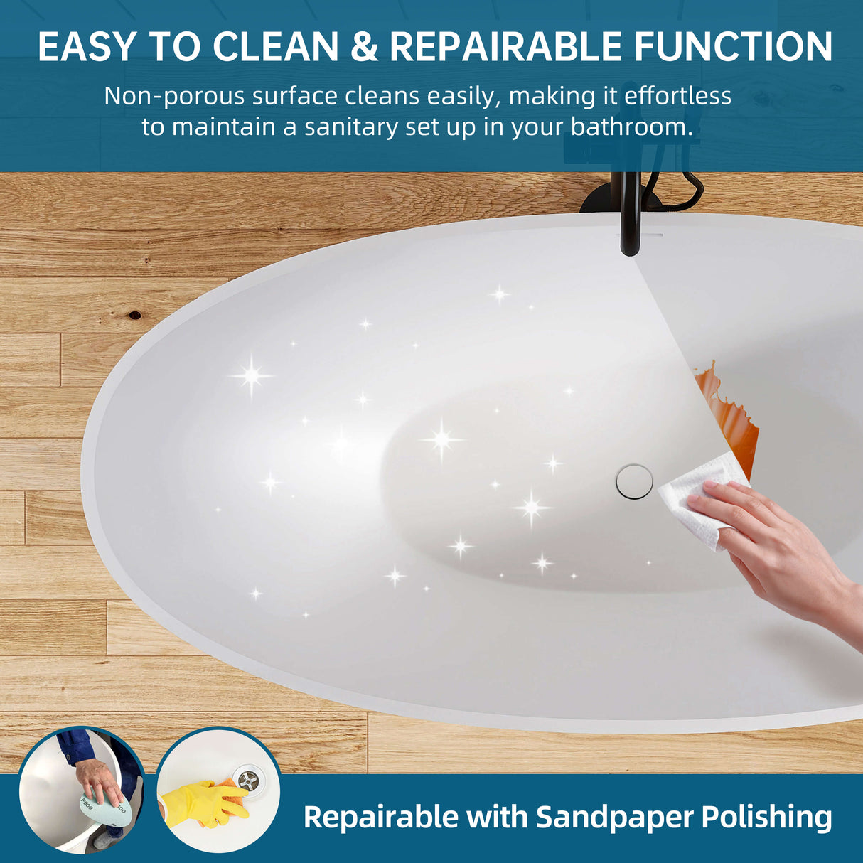 New England Home Goods 65" White Oval Luxury Freestanding Solid Surface Resin Stone Soaking Tub