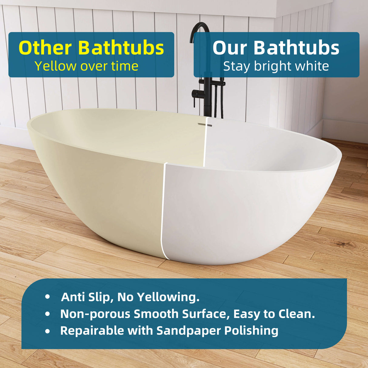 New England Home Goods Bora 65" Freestanding Tub in White - Stone Resin Solid Surface