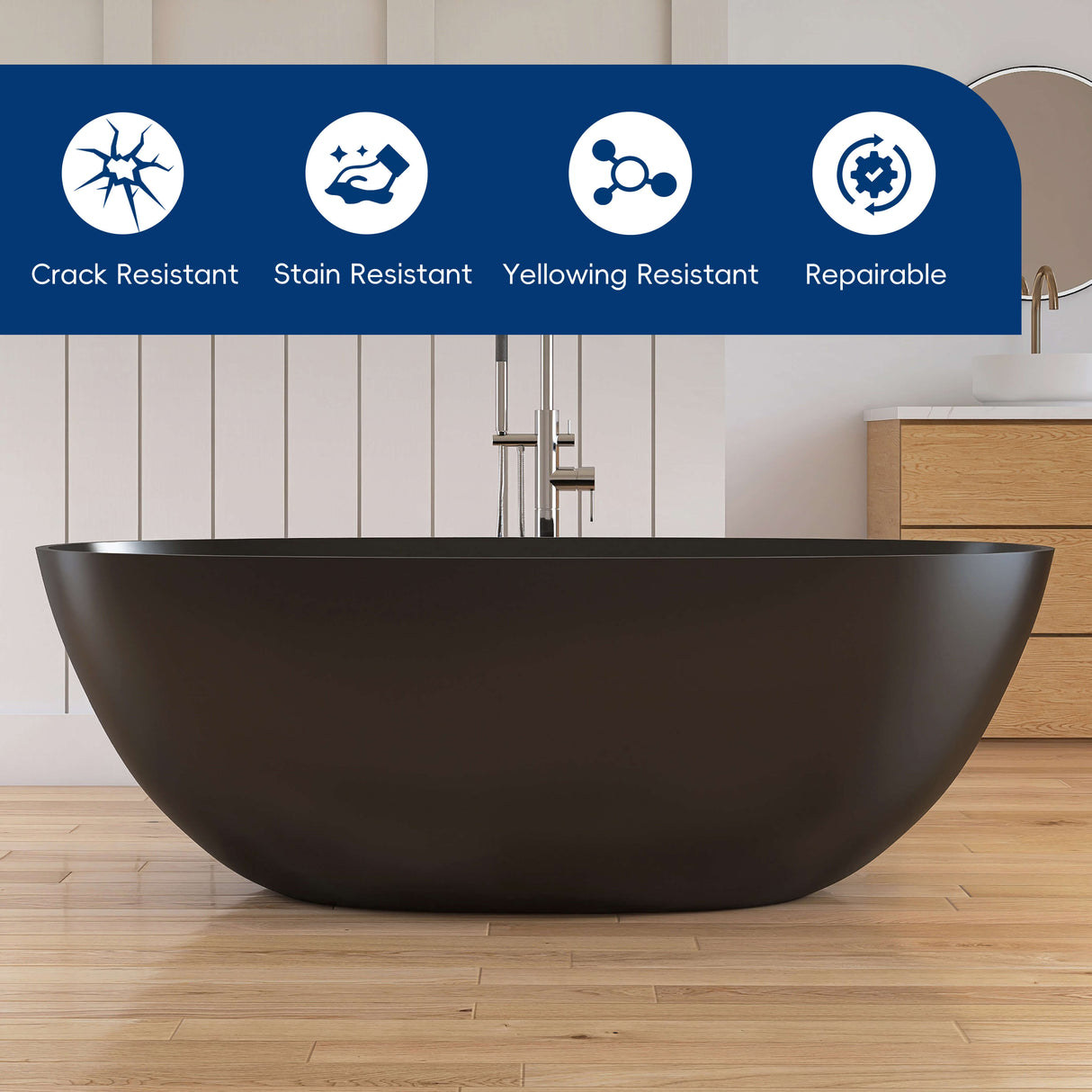 New England Home Goods Elbrus 65" Freestanding Tub in Black - Stone Resin Solid Surface