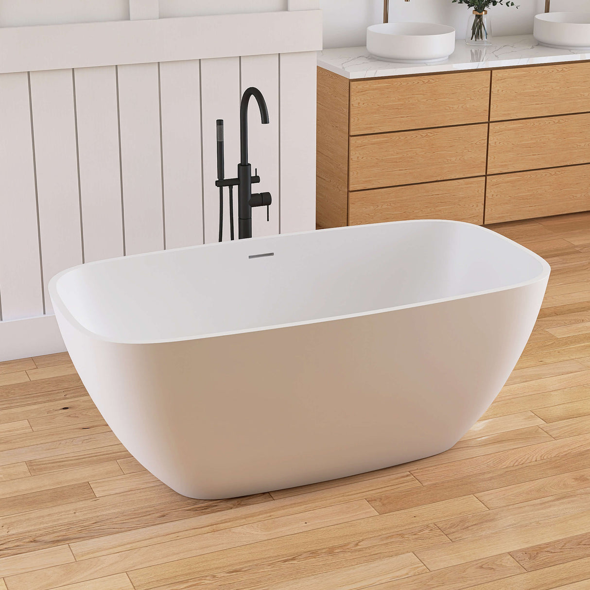 New England Home Goods Kangchenjunga 59" Freestanding Tub in White - Stone Resin Solid Surface