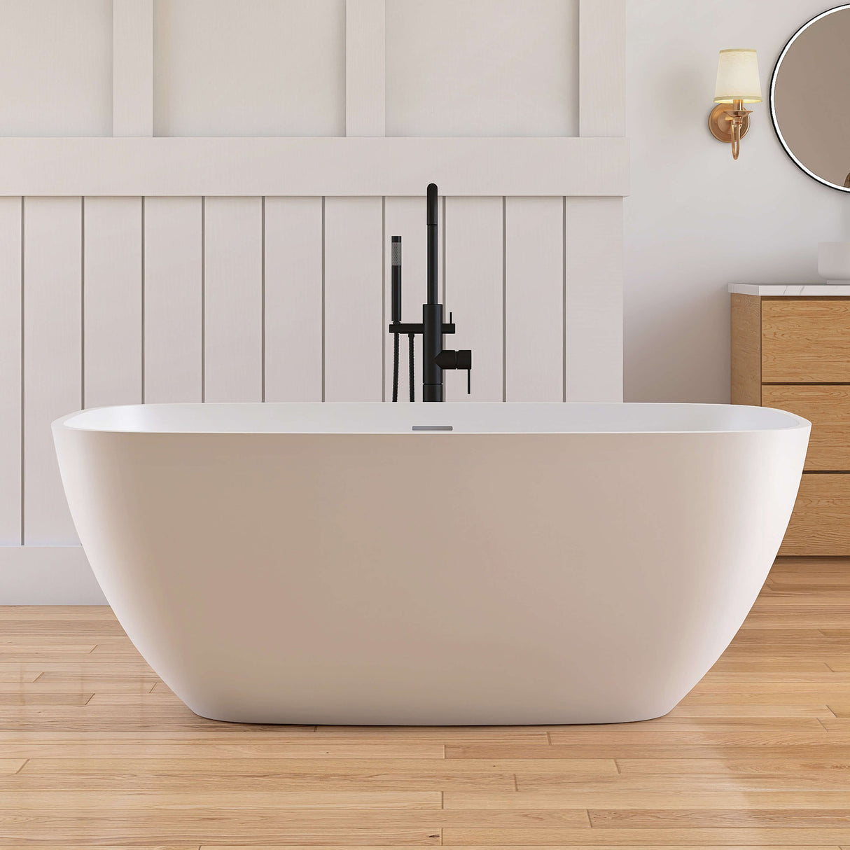 New England Home Goods Kangchenjunga 59" Freestanding Tub in White - Stone Resin Solid Surface