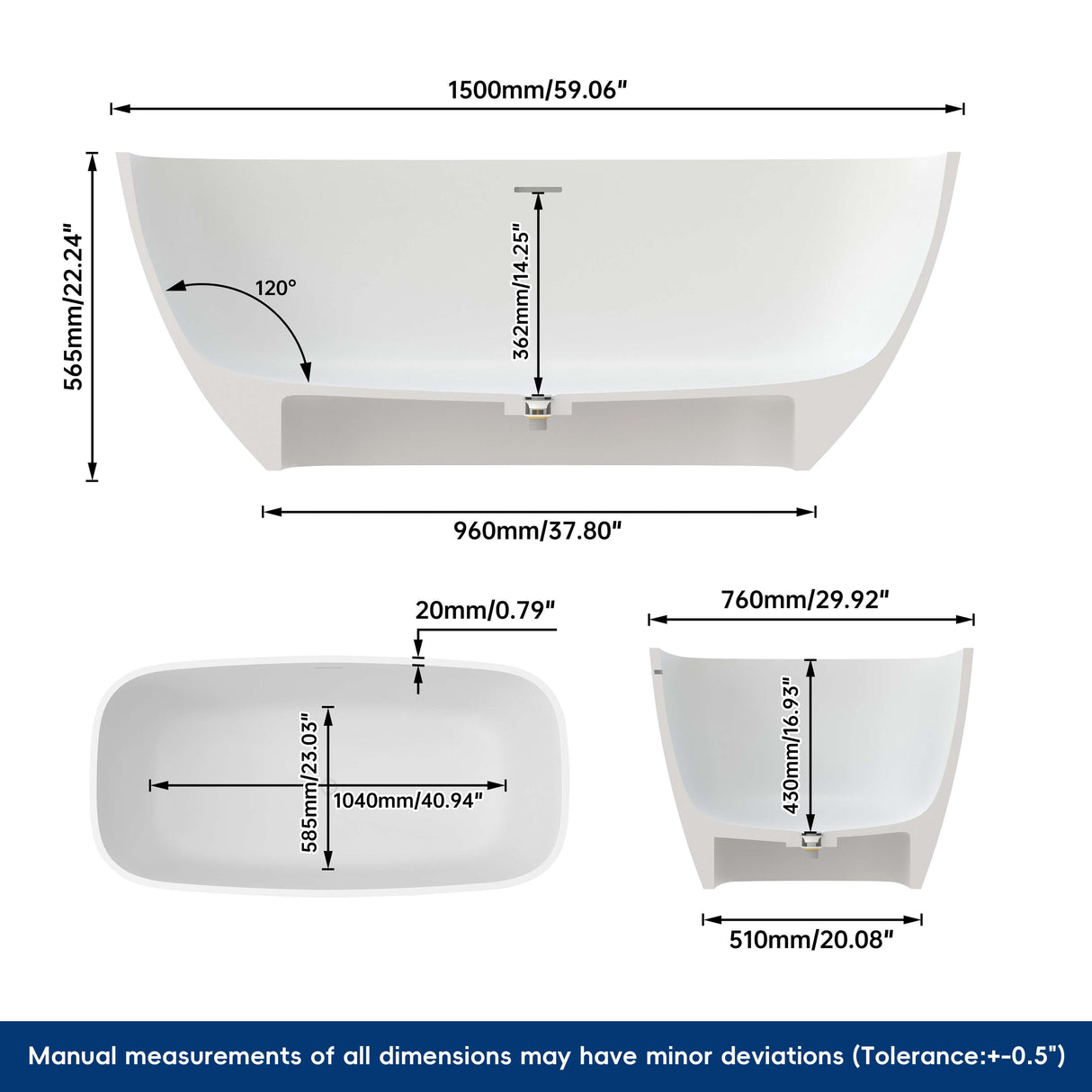 New England Home Goods Kangchenjunga 59" Freestanding Tub in White - Stone Resin Solid Surface