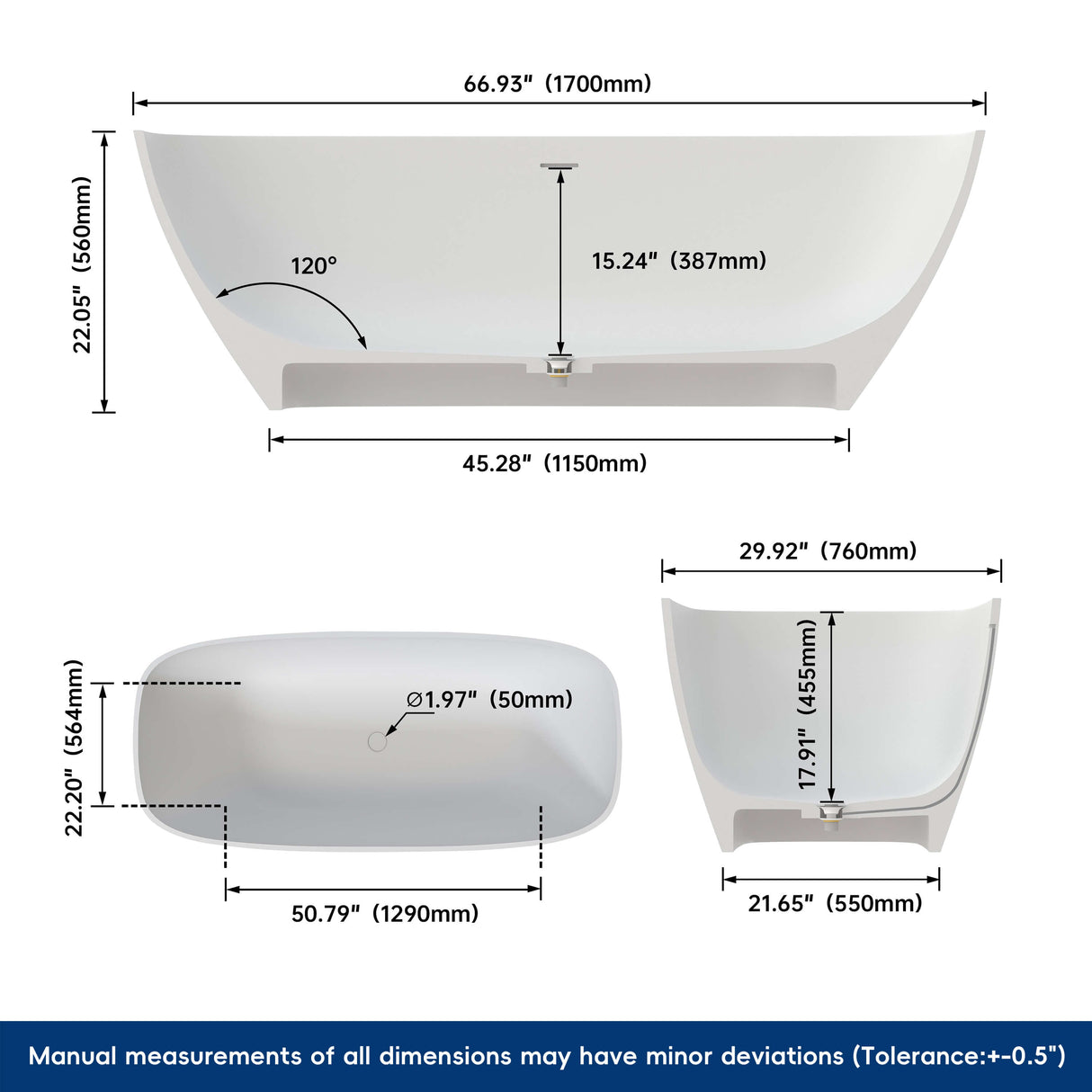 New England Home Goods Santorini 67" Freestanding Tub in White - Stone Resin Solid Surface